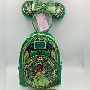 Loungefly Stained Glass Tiana backpack and Ears NWT